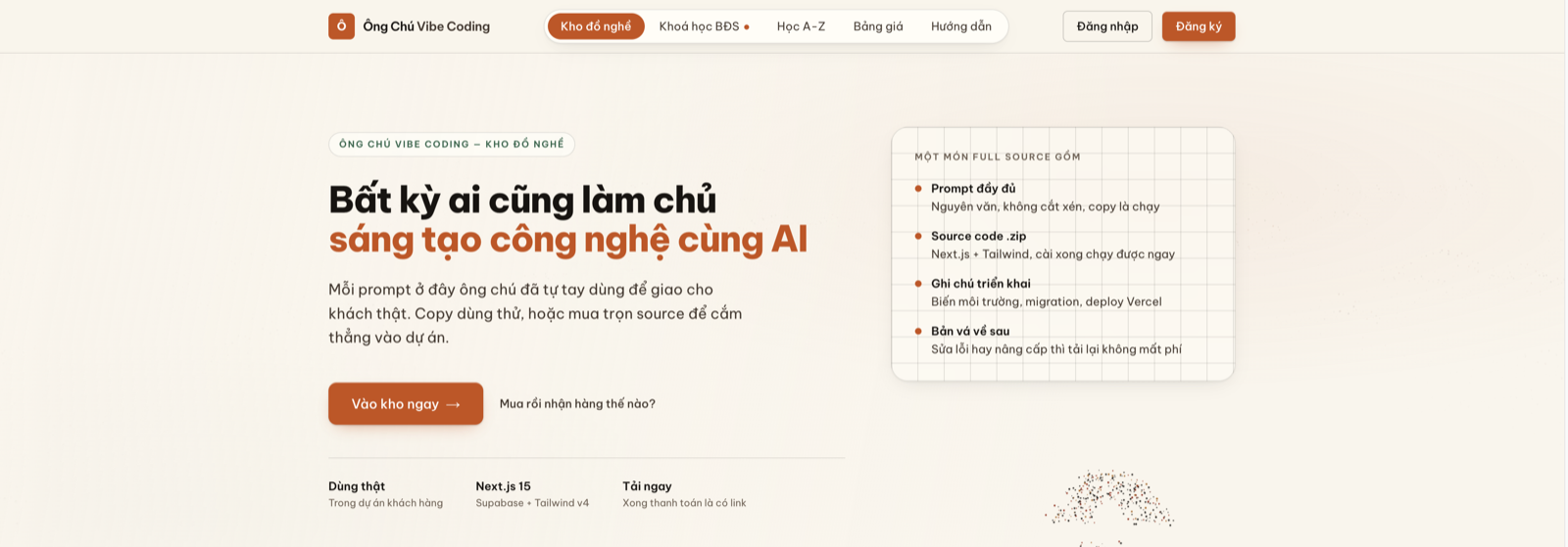 Trang chủ kho đồ nghề Kỷ Nguyên AI: tiêu đề, nút Vào kho ngay, thẻ Một món full source gồm gì