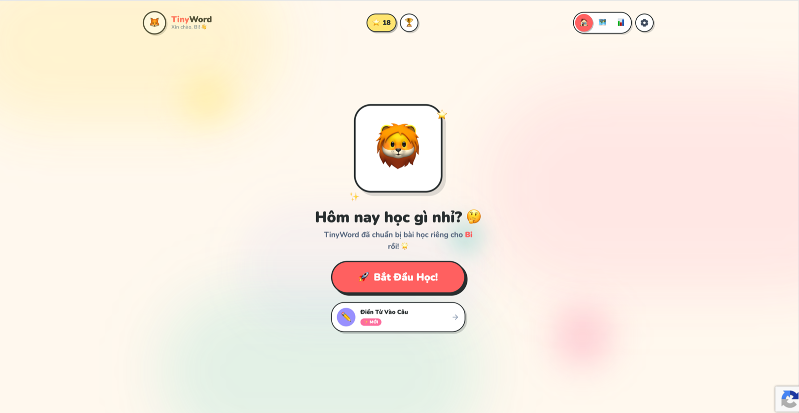 Màn hình chính app TinyWord: hình sư tử, câu Hôm nay học gì nhỉ, nút Bắt đầu học