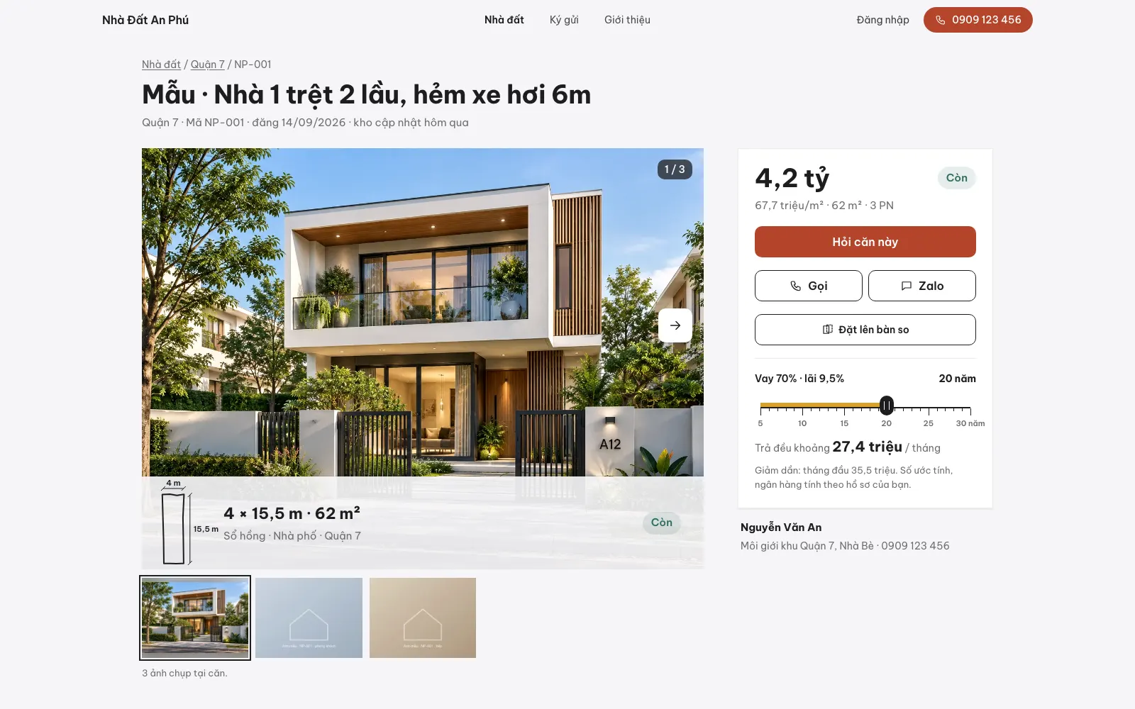 Trang một căn — bộ ảnh, thửa theo số đo thật, máy tính trả góp
