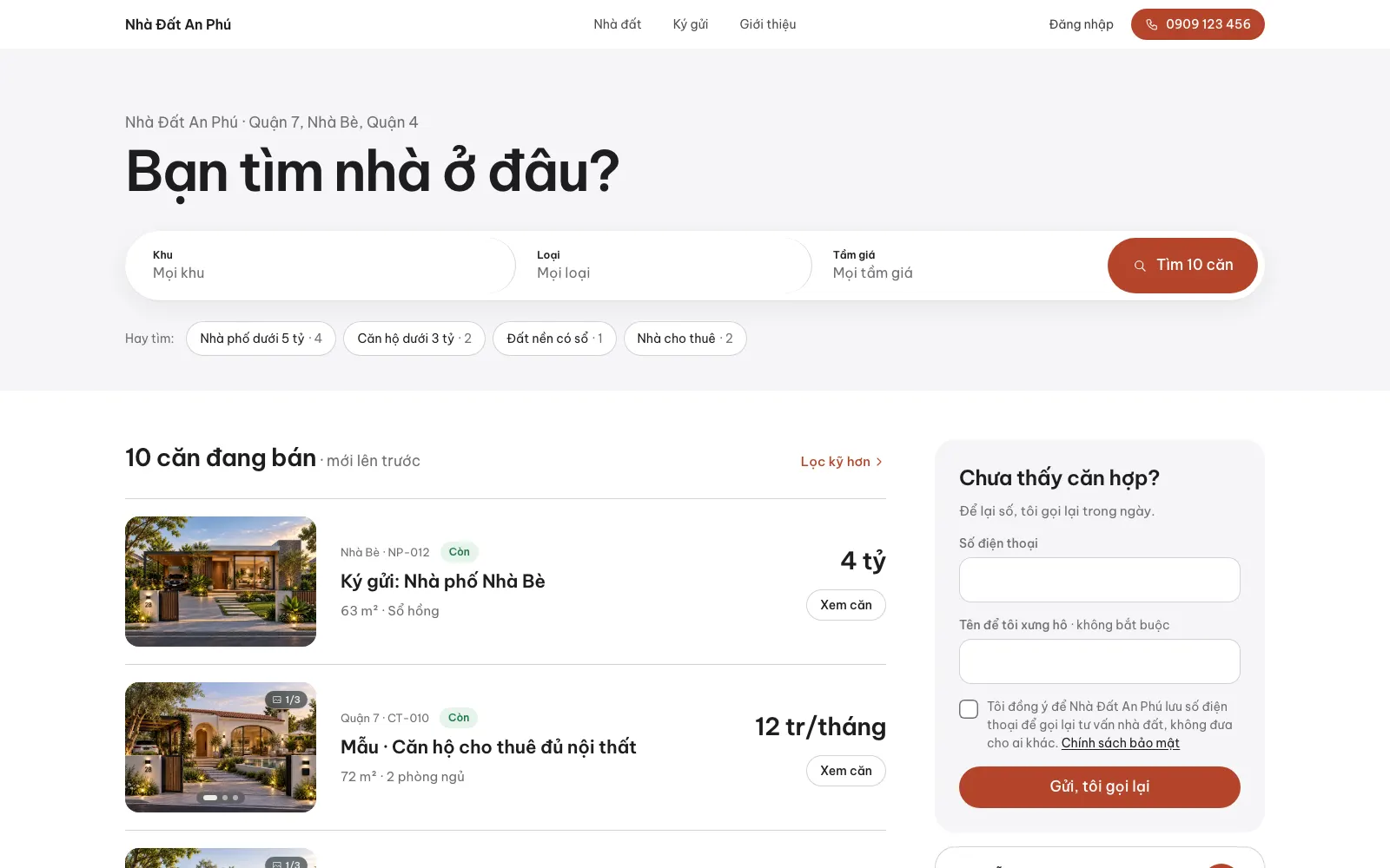 Trang chủ · mẫu Tìm trước — mở bằng ô lọc và danh sách căn